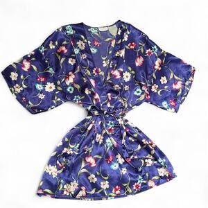 Vintage 80s Vassarette Satin Floral Kimono Robe Belted Lounge Sleepwear